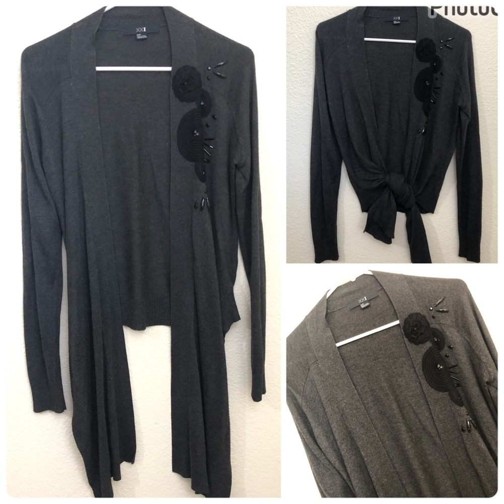 FOREVER 21 XXI Juniors Small Gray Open Front Cardigan Embellished NWOT